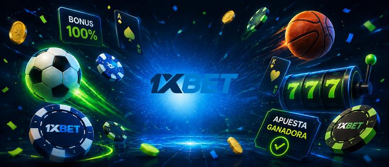 Collage of casino chips, cards, dice and a football representing 1xBet's mixed sports and casino promotions