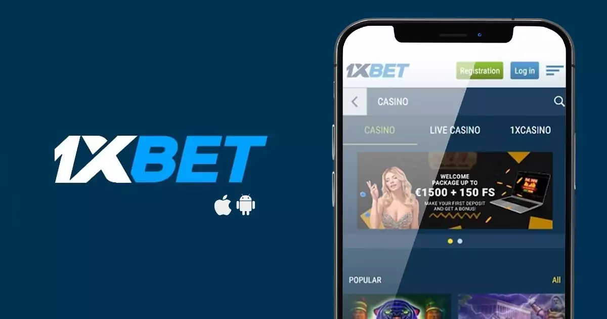 1xBet mobile app interface shown on a smartphone next to the 1xBet logo