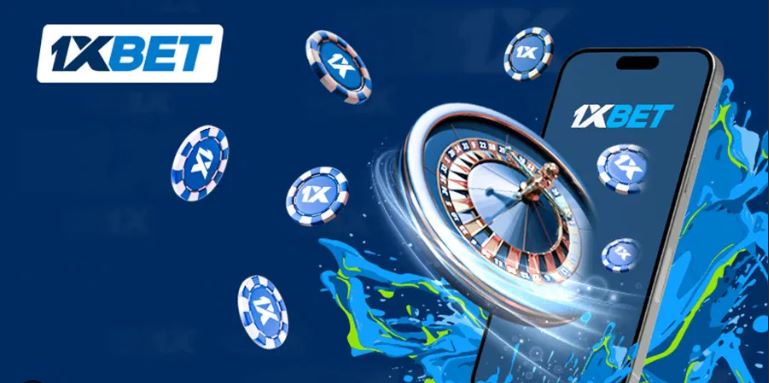 Roulette wheel and casino chips beside a smartphone showing the 1xBet app, representing deposit-linked casino bonuses